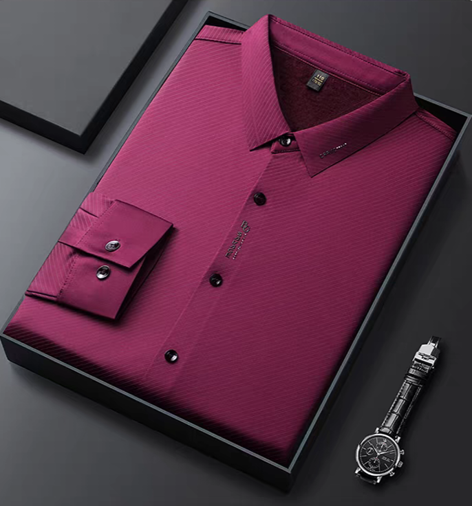 Sebigi wine maroon diagonal stripe imported stretch shirt displayed in a premium box