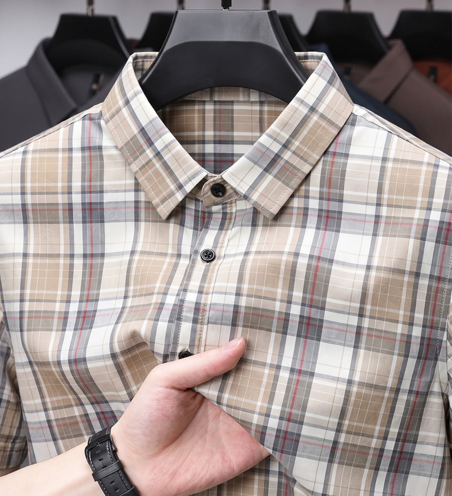 Men’s Beige Check Cotton Blend Shirt