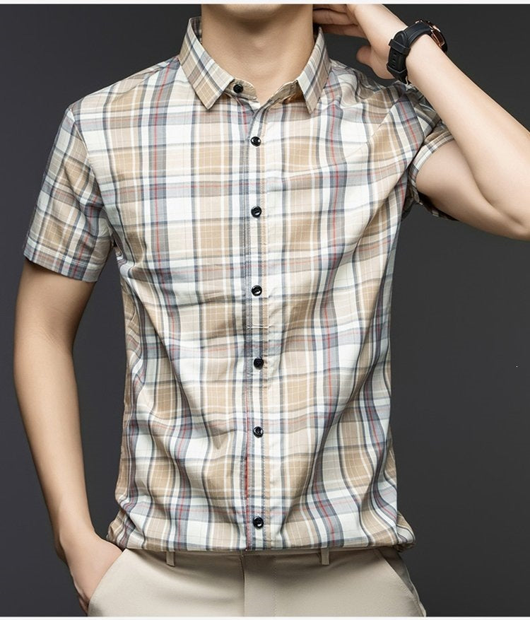 Sebigi beige check short sleeve shirt for men styled with beige trousers