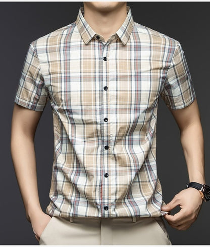Sebigi beige check short sleeve casual shirt for men with button-front design