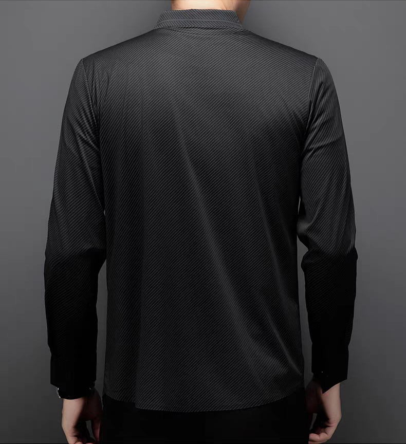 Back view of Sebigi men’s black diagonal stripe imported stretch fabric shirt