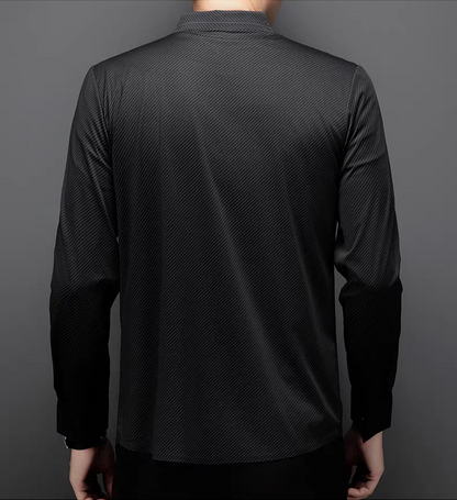 Back view of Sebigi men’s black diagonal stripe imported stretch fabric shirt