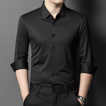 Sebigi black diagonal stripe formal shirt for men styled with rolled sleeves and trousers