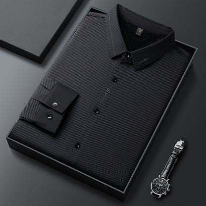 Close-up of Sebigi black diagonal stripe men’s shirt showing imported stretch fabric texture