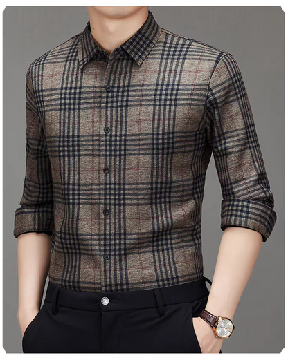 Sebigi brown check full sleeve shirt for men shown from angle view with rolled sleeves