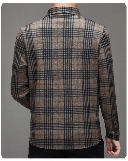 Back view of Sebigi men’s brown check imported stretch full sleeve shirt