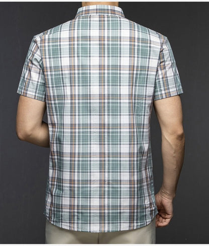 Back view of Sebigi green check short sleeve cotton blend shirt for men