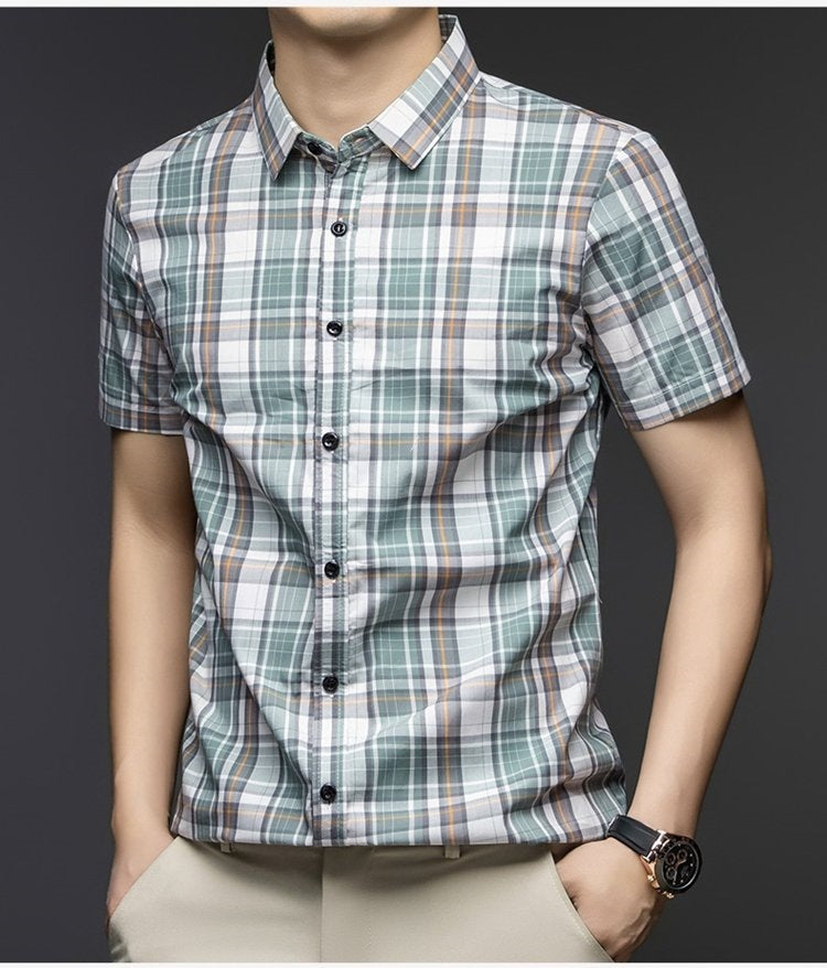 Sebigi green check short sleeve casual shirt for men shown from angle view