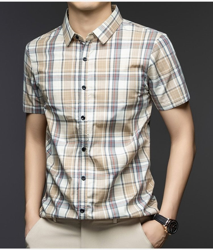 Male model wearing Sebigi beige check short sleeve cotton blend shirt front view