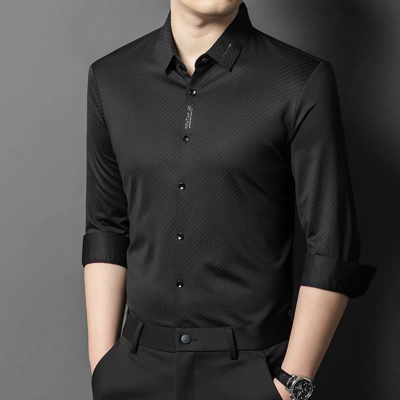 Male model wearing Sebigi black diagonal stripe full sleeve stretch shirt front view