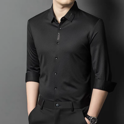 Male model wearing Sebigi black diagonal stripe full sleeve stretch shirt front view