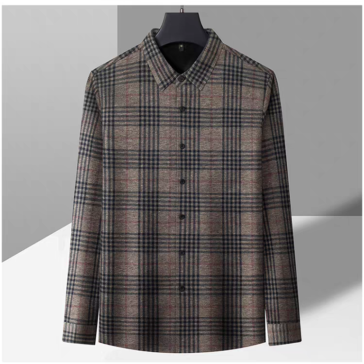 Sebigi men’s brown check imported stretch shirt displayed on hanger front view