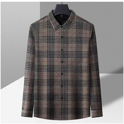 Sebigi men’s brown check imported stretch shirt displayed on hanger front view