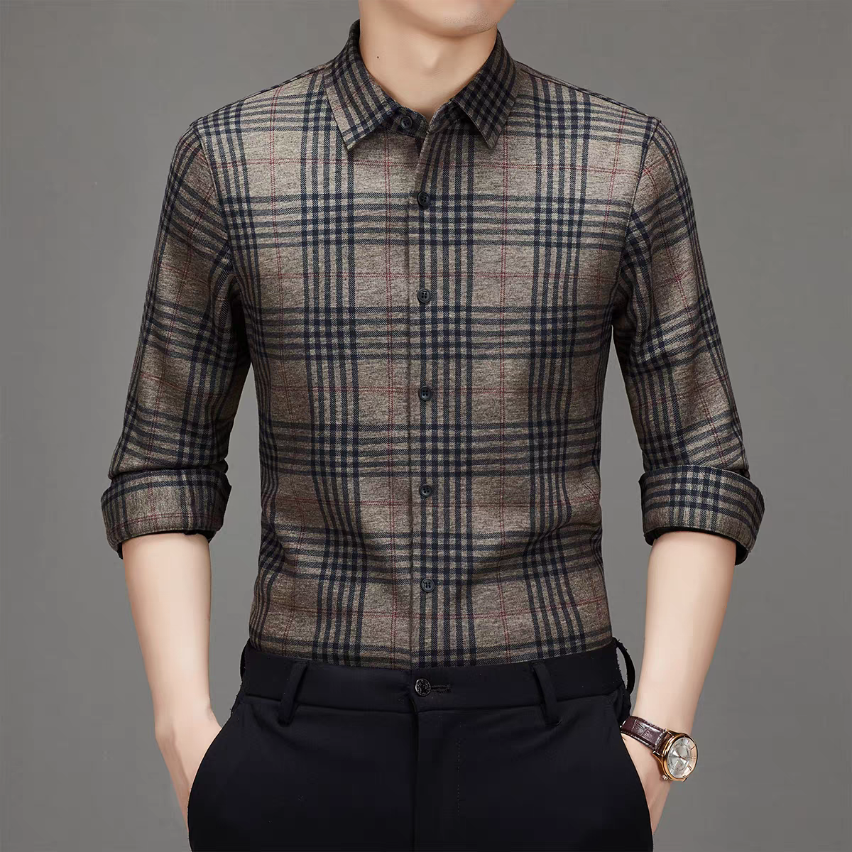 Male model wearing Sebigi brown check full sleeve imported stretch shirt front view