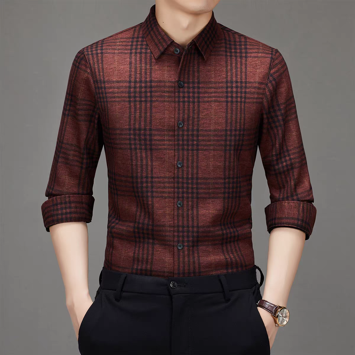 Male model wearing Sebigi maroon check full sleeve imported stretch shirt front view